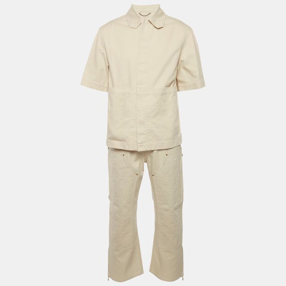 Louis Vuitton Beige Embossed Monogram Denim Shirt And Pants Set S/m